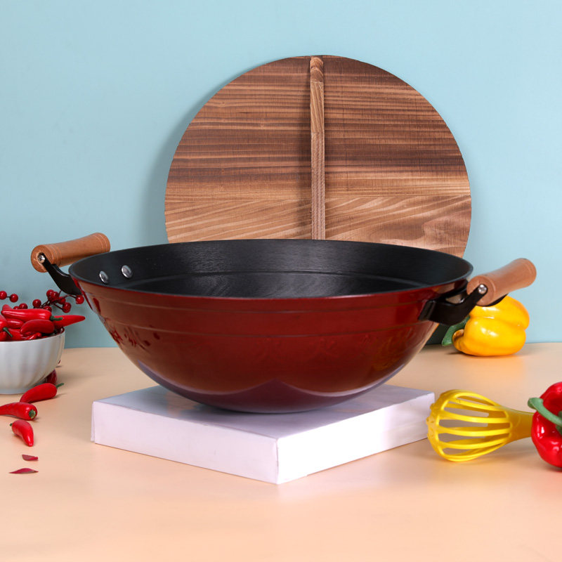 大氏父子5代珐琅双耳梁铁锅老式圆底生铁炒锅家用加厚铸铁不粘锅