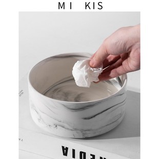 大理石纹桌面垃圾桶客厅茶几创意陶瓷收纳桶卧室家用桌上小号餐桌