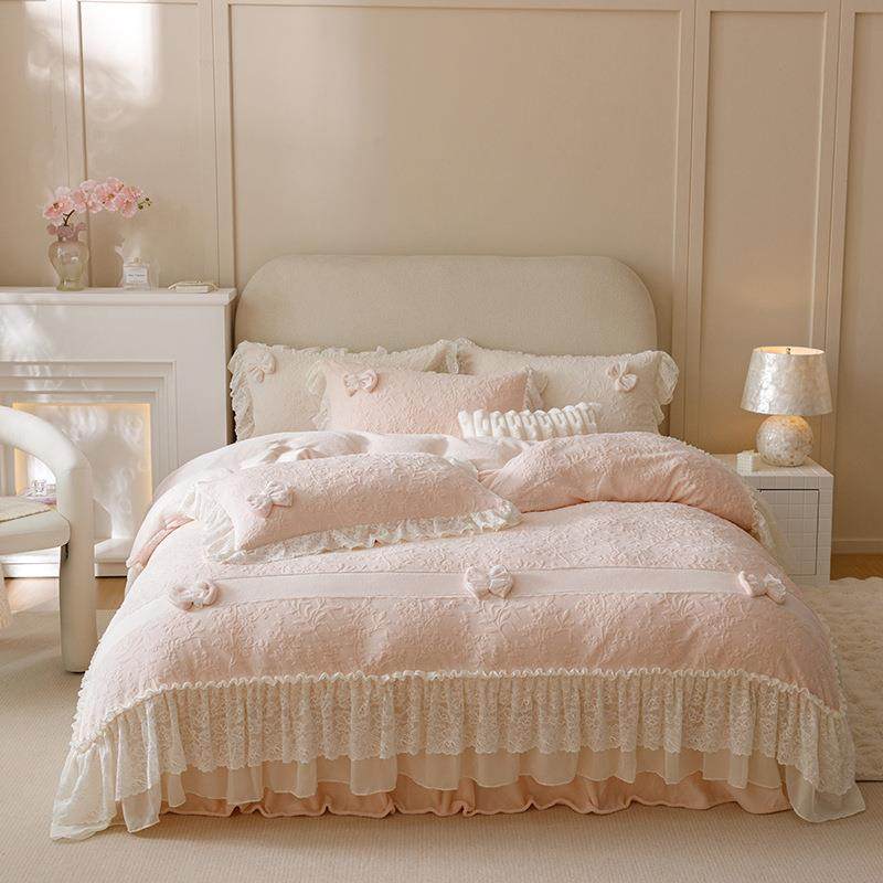 冬季加绒亲肤韩式双层蕾丝花边床裙四件套纯色公主风床罩床上用品