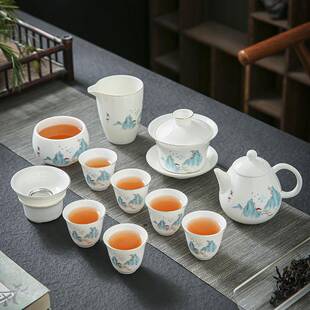 晟翔陶瓷茶具观山羊脂玉盖碗茶壶十一件套加主人杯家用