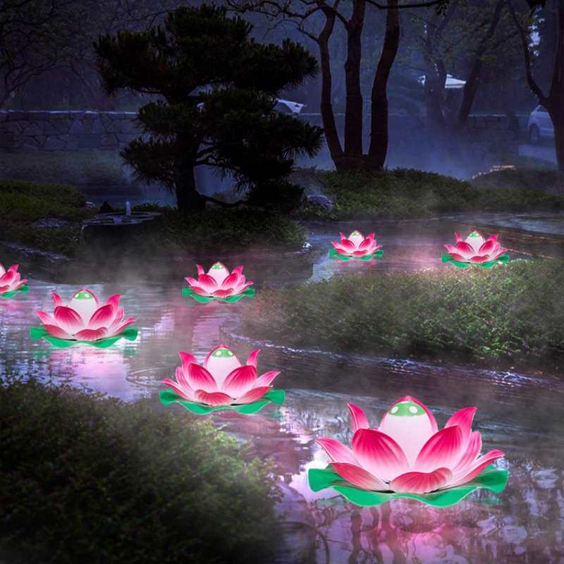 户外太阳能动态荷花灯防水池塘莲花灯亮化景观景区水池水上漂莲灯