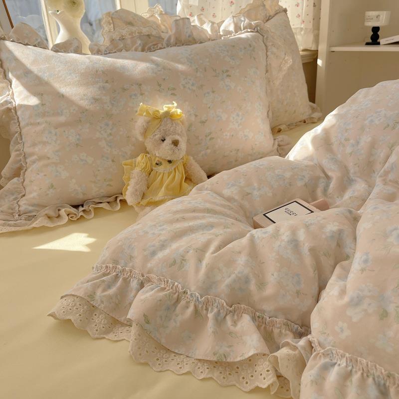 题2母婴级床上四件套双层纱奶油风蕾丝花边水洗棉学生三件套