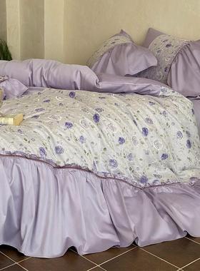 法式复古超柔澳棉四件套纯棉花卉全棉花边被套床单床上用品紫色