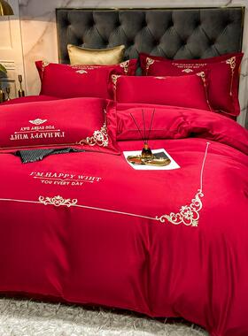 A10L结婚床上用品四件套大红色婚庆床品喜庆欧式红色新婚被套床单