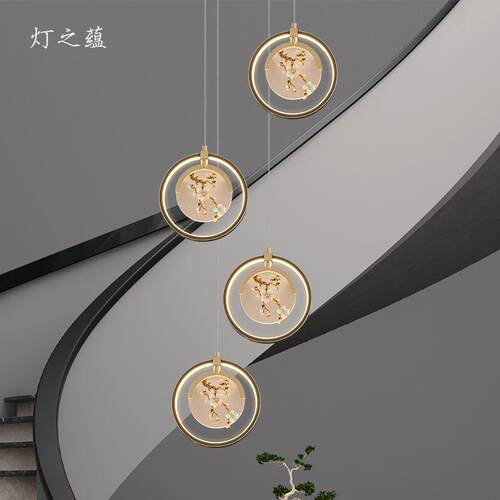 新中式楼梯吊灯现代中式2023新款中国风别墅公寓复式楼全铜长吊灯