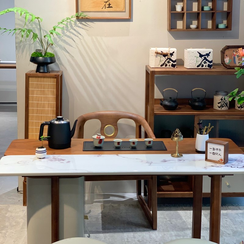 新中式阳台茶桌小户型q实木家用岩板茶台办公室烧水壶一体小茶桌
