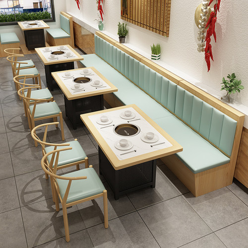 实木大理石火锅桌子电磁炉一体商用无烟烤肉桌子烤涮串串火锅桌椅