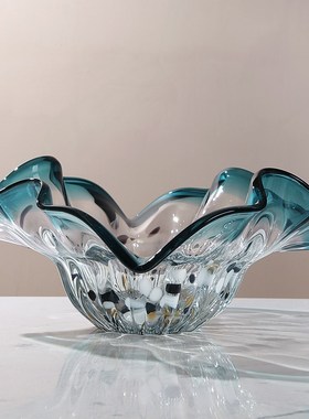 轻奢荷叶琉璃艺术果盘茶几糖果干果盘客厅装饰餐桌样板间玄关摆件