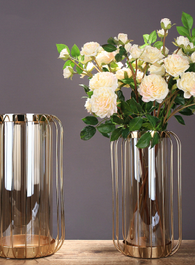 欧式样板房摆件轻奢风样品房金属花瓶样板间玻璃装饰品电视柜摆设