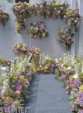 新款森系婚庆花排紫色地排花婚礼绿色花装饰绿白路引花仿真花道具