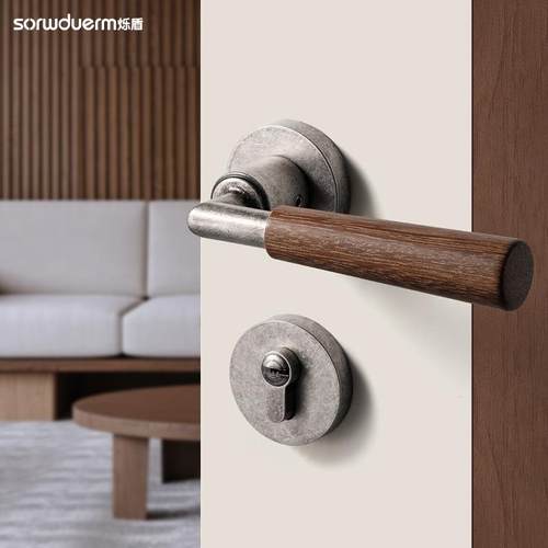 烁盾中古风门锁室内卧室门把手复古胡桃木实木静音磁吸家用房门锁