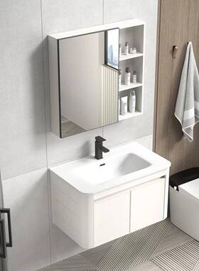 白色圆弧加厚太空铝浴室柜组合防水洗漱台陶瓷一体盆洗手脸盆吊柜