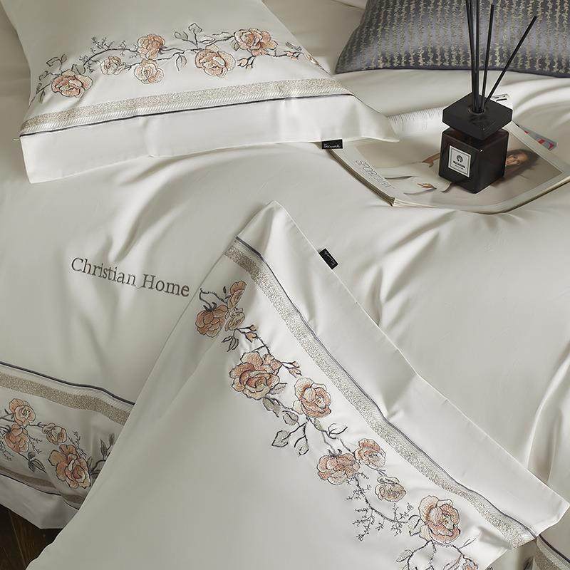浪漫轻奢法式100支超柔全棉四件套玫瑰刺绣宽边被套国风纯棉超柔