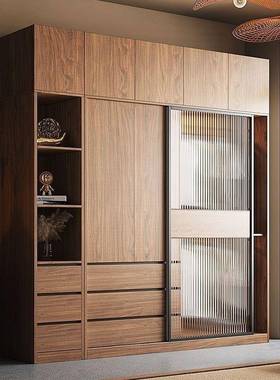 北欧推拉门衣柜家用卧室小户型组合玻璃移柜子滑门原木色成品衣橱