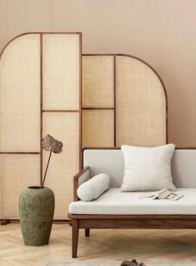日式实木藤编屏风新款小户型客厅复古隔断墙可移动卫生间玄关座屏