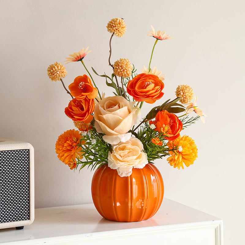 春天清新玫瑰牡丹仿真花摆件陶瓷装饰纯手工田园摆放盆栽雅致