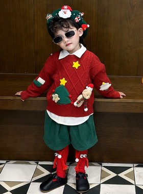 男童洋气圣诞节小熊毛衣宝宝2025秋冬季新款中小童红色针织衫上衣