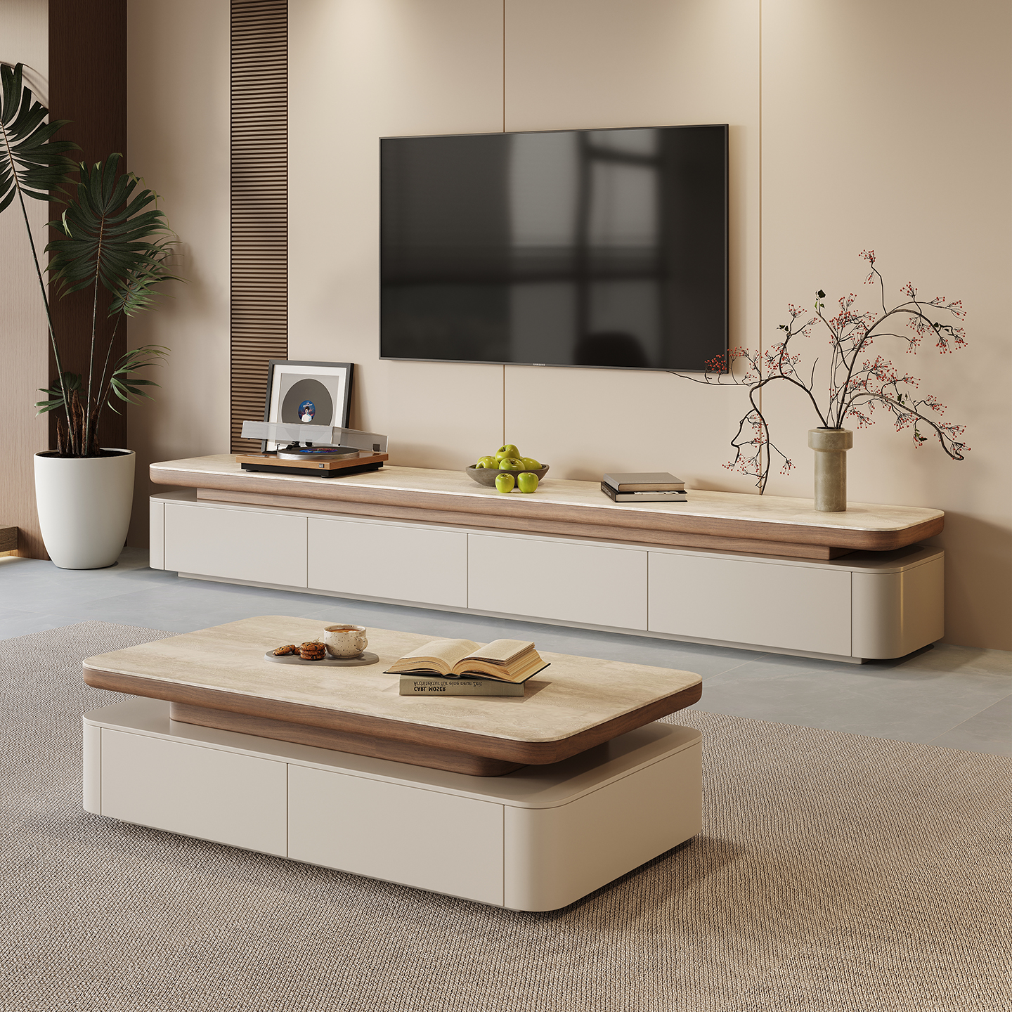 全友家居奶油风洞石岩板茶几电视柜组合小户型中古风实木茶几桌客