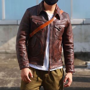 1.6厚新款擦色门多萨重磅 高端男士经典头层马皮修身男装真皮皮衣