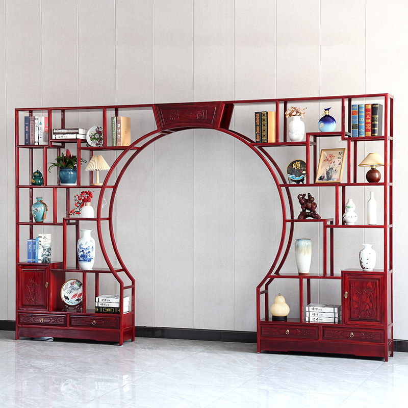 新中式月洞门博古架实木仿古雕花拱门客厅玄关茶叶多宝阁隔断定制