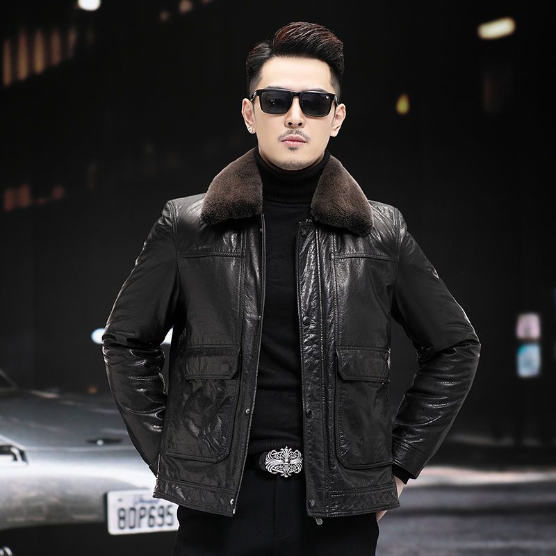 进口小牛皮水貂领鹅绒羽绒服皮夹克海宁新款真皮皮衣男士短款外套