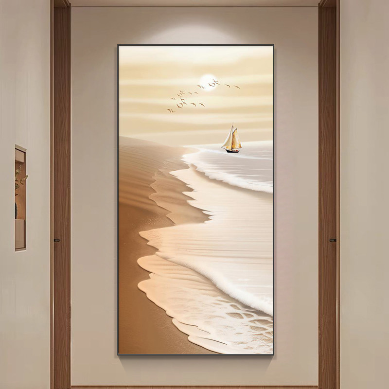 一帆风顺玄关装饰画现代简约海边沙滩走廊过道挂画砂岩高级感壁画