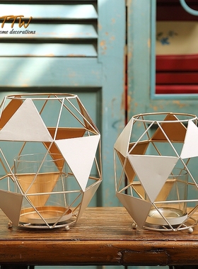 欧式铁艺艺c术几何造型装饰烛台 黑色钻石款风灯工艺 经典烛台摆