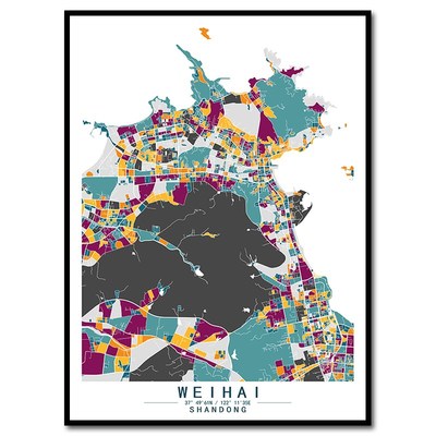 山东威海城市地图挂画彩色色块简欧客厅背景装饰画玄关创意艺术画