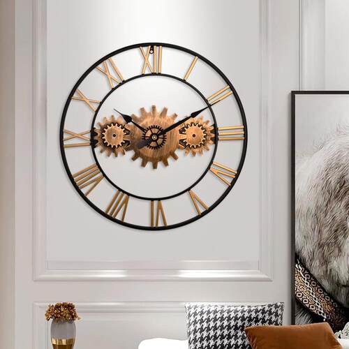 美式铁艺齿轮挂钟客厅厨房静音大壁钟工业风艺术钟表clock