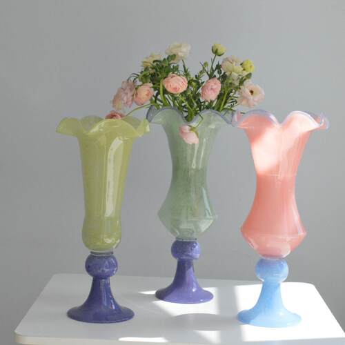 Vintage复古风中古法式餐桌花瓶手工琉璃高脚花器摆件插花装饰品