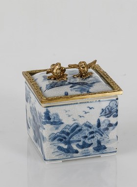 现代中式复古仿古青花装饰小四方盒怀旧客厅茶几桌面陶瓷镶铜摆件