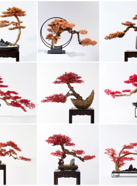 新中式红色仿真迎客松罗汉松柏y树盆景盆栽售楼部走廊客厅玄关摆