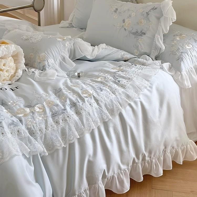 蕾丝花卉刺绣140支长绒棉四件套纯棉贡缎床单被套粉蓝色全棉床品