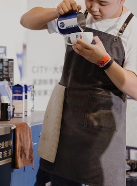 鹿造可挂毛巾黑色帆布围r裙咖啡奶茶餐厅理发师工作服复古定制log