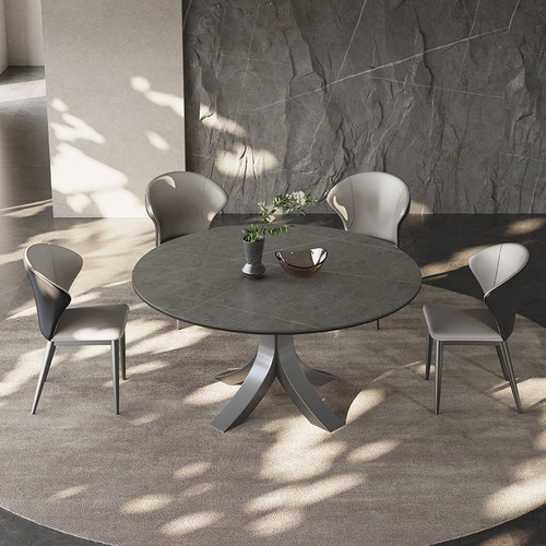 意式岩板圆桌10人带转盘2023新款现代简约家用轻奢哑光岩板餐桌