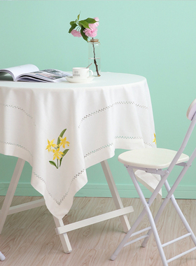 刺绣桌布文艺清新花朵白色u桌布茶几盖布田园乡村餐厅桌布白纱桌