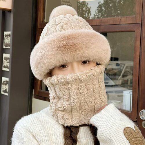 毛球帽子女款冬季围脖一体电动车秋冬天骑车加厚保暖防风防寒