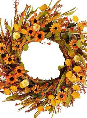50CM秋季丰收万圣感恩节门前装饰黄色橙色雏菊花藤编花环藤条挂件