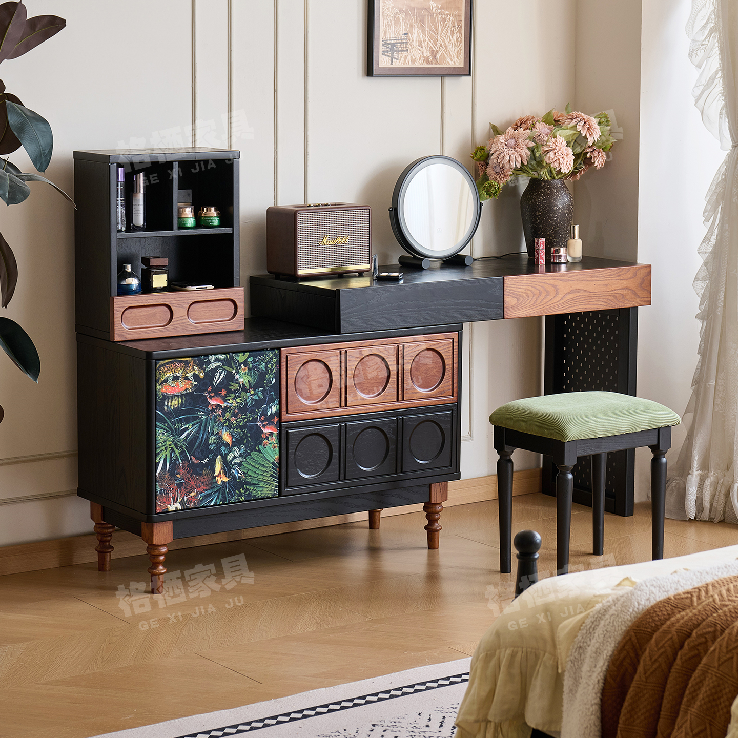 法式复古风白蜡木全实木梳妆台斗柜一体主卧南洋风可伸缩化妆桌子