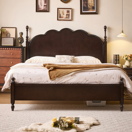 法式复古樱桃木全实木床卧室中古风1.8米单双人床美式2米大气婚床