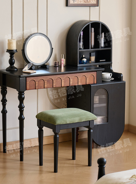 法式复古风实木梳妆台带凳卧室小户型家用南洋风可伸缩床边化妆台