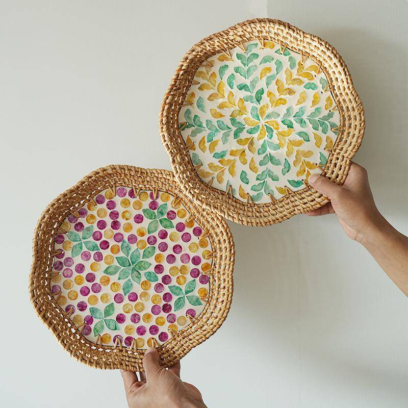 贝壳手工藤编贝壳彩色收纳家用客厅轻奢野餐点心干果餐厅镂空果篮