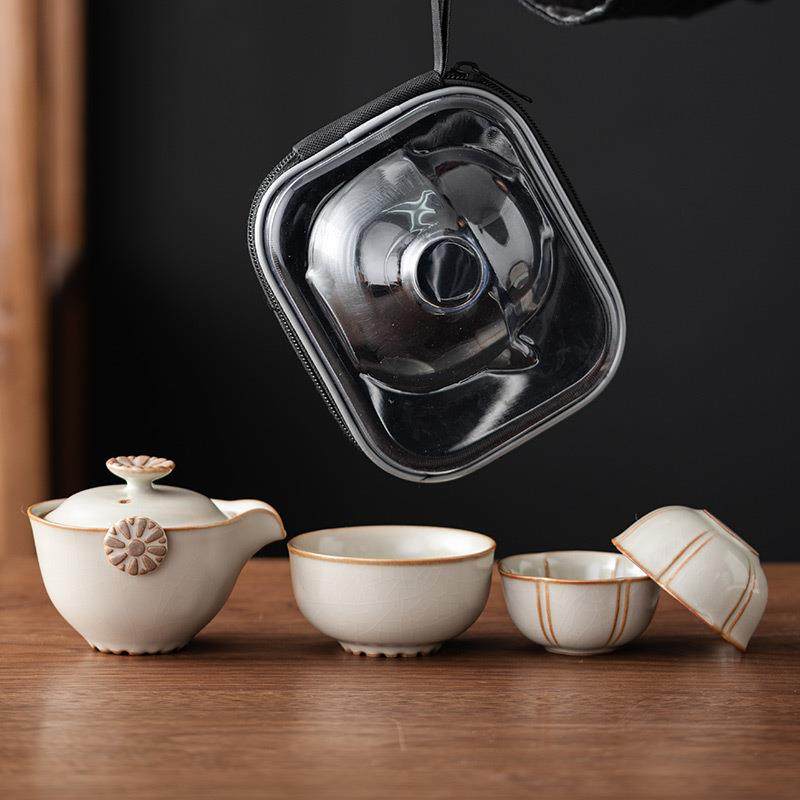 米黄汝窑旅行茶具套装一壶三杯快客杯户外露营便携陶瓷泡茶壶茶杯,3C数码配件,其它配件,淘宝优惠券,粉丝福利购,淘宝优惠卷