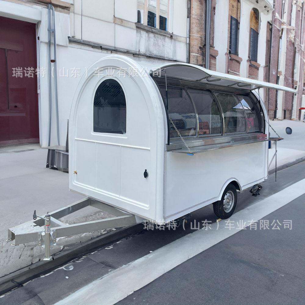 出口现货3米白色小型拖挂式摆摊小吃车炸鸡汉堡快餐车带烟机吊柜