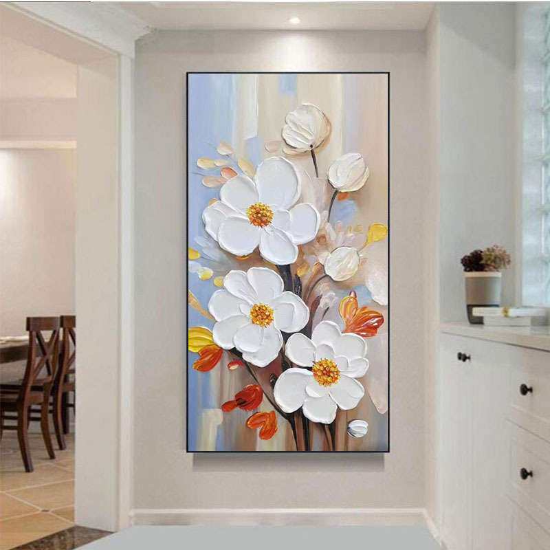纯手绘油画奶油风花卉肌理玄关装饰画现代走廊过道正对门立体挂画