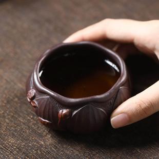 宜兴紫砂荷花杯子手工带把品茗杯荷叶主人小口杯办公室荷韵杯