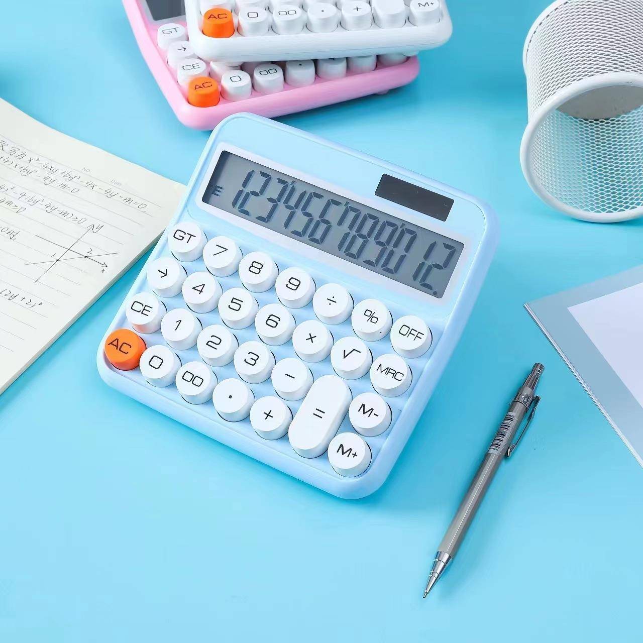 高颜值机械键盘大屏幕太阳能计算器学生马克龙配色12位多功能简约