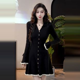 小个子香风黑色长袖针织连衣裙子女秋冬季2025新款穿搭气质小黑裙