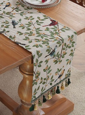 复古绿色花朵桌旗蓝色p油画风餐边柜旗民族风茶几电视柜长条盖巾