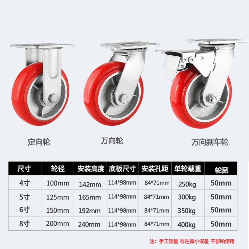 重型万向轮圆弧铁芯聚氨酯PUv4寸5寸6寸8寸静音耐磨工业手推车轮
